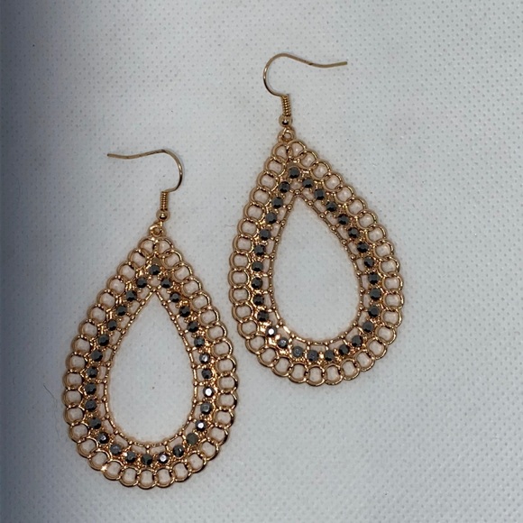 Jewelry - Gold Tone Earrings with Black Rhinestones